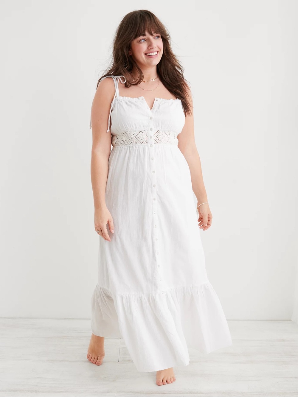 Aerie White Crochet-Waist Button-Front Maxi Dress- bnwt
